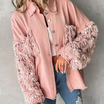 Streetwear Women's Denim Jacket 2023 Winter New Fashion Casual Polo Contrast Sequin Tassel Design Fuzzy Patchwork Shaket Y2K