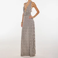 Combhasaki Women Summer Sleeveless Tie-up Halter Deep V-Neck Backless Flower/Dots Print Ruffle Hem Mesh Ruched A-line Long Dress