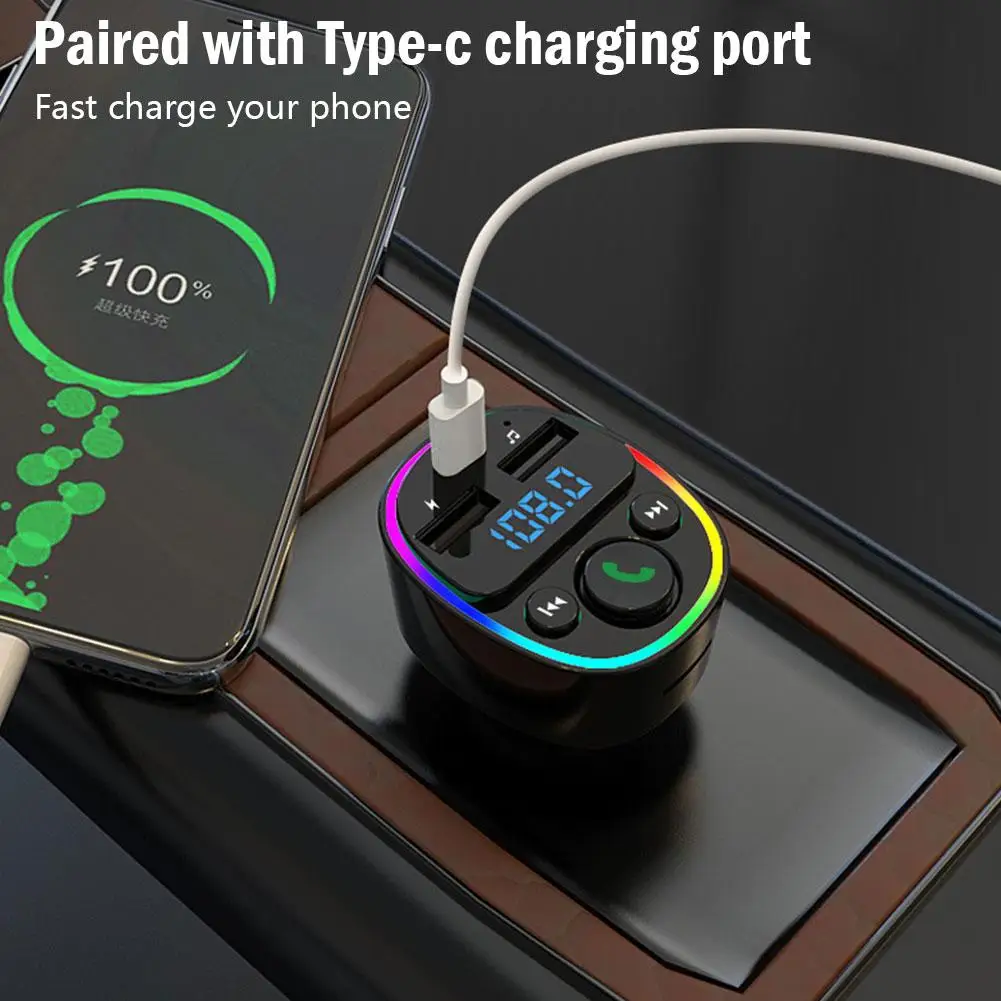 

FM Transmitter Bluetooth Car Adapter Fast Car Charger Dual Player Type-C Music USB LED Port Audio Hands-Free 7 Colors Calli Z2D8