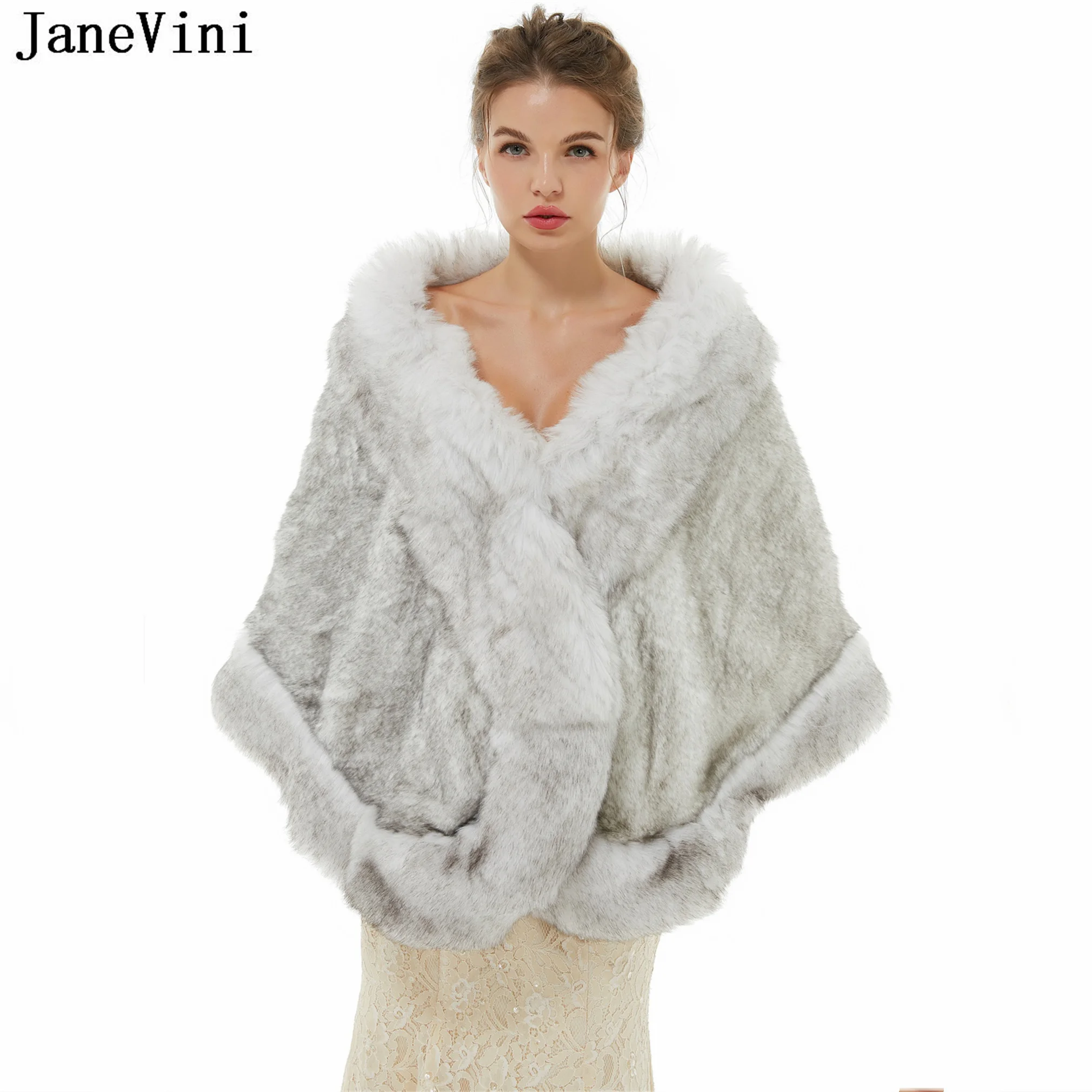 

JaneVini New Silver Gray Bridal Wedding Bolero Jacket Cape Shawl Wrap Faux Fur Bolero De Mariage Winter Women Party Stole Shrugs