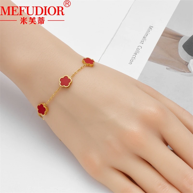 

Real 18K Gold Five Leaf Flower Bracelet Inlaid Natural White Beige Yellow Gold Colour 18cm Chain Women's Luxury Jewelry Bangles