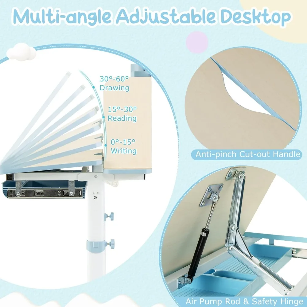 Kids Study Desk,Height Adjustable Children School Desk with Storage, Tilt Desktop, Pen Holder & Scale Ruler, Student Desk Table 5