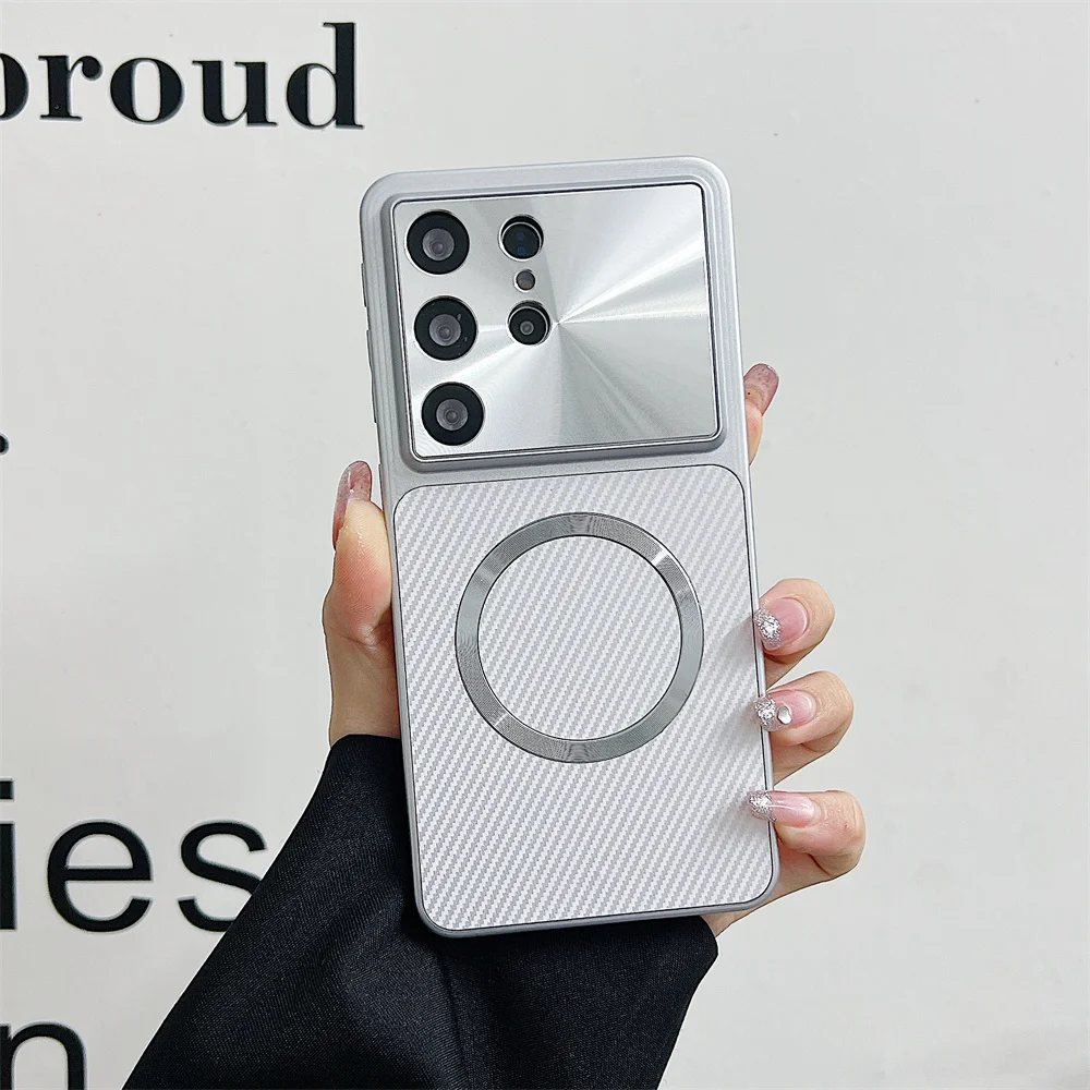 Deluxe Carbon Fiber Magnetic Phone Case with Aurora Lens and Camera Protection - Shockproof Design