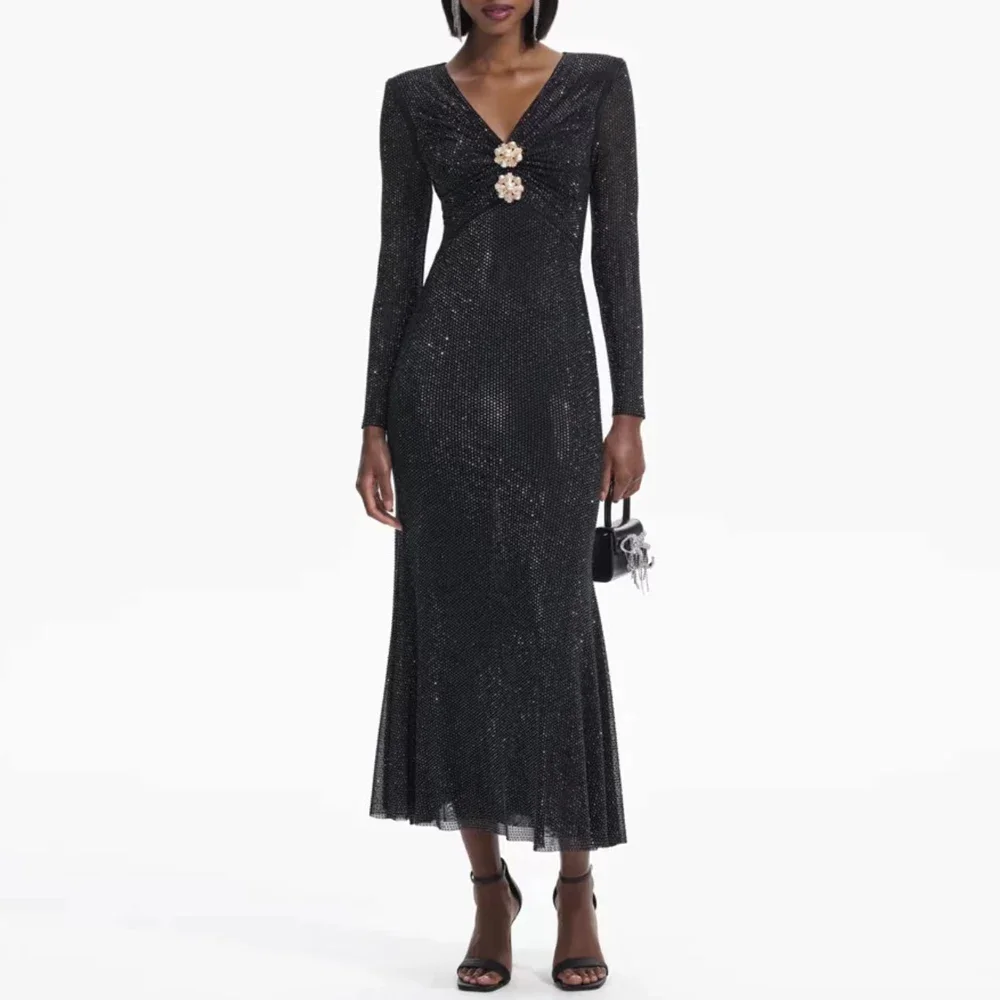 

Women V-Neck Diamond Button Long Sleeve Shiny Midi Dress