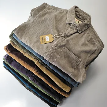 Autunno Inverno New American Retro Camicia a maniche lunghe in velluto a coste con risvolto Moda uomo 100% cotone lavato Tasca singola Camicette casual 1