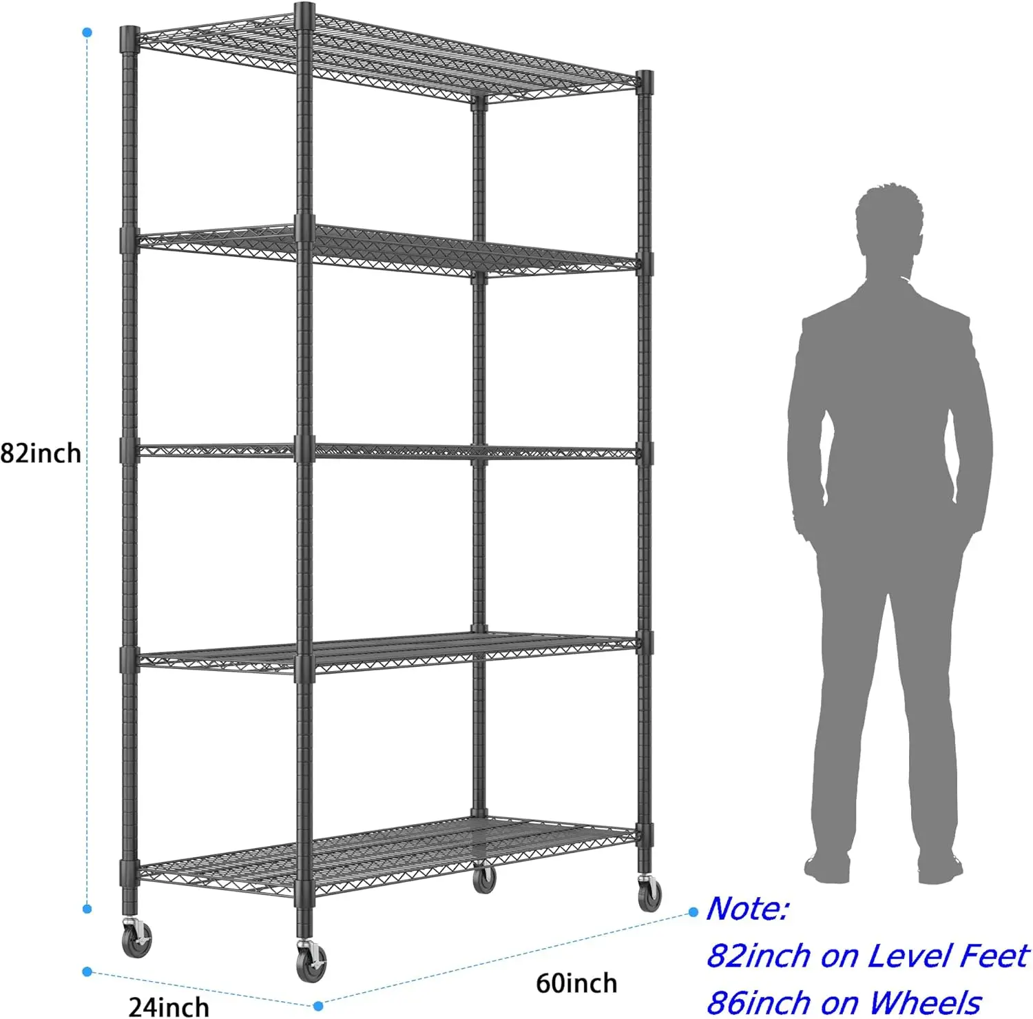 Heavy Duty Storage Shelves, 5 Tier Wire Unit with Wheels. Adjustable Metal Shelves for Garage, Pantry, Kitchen. 24"x60"x82"Black