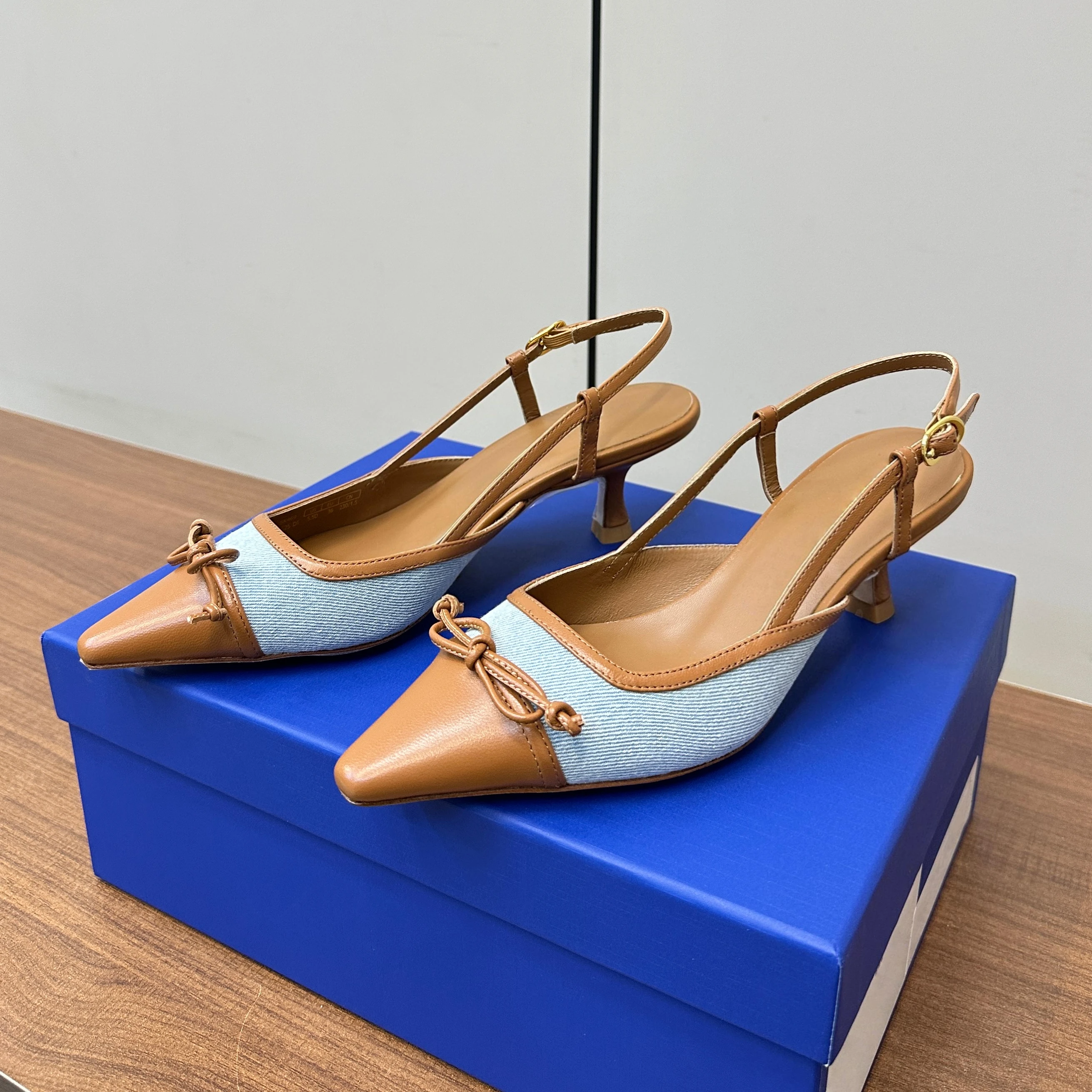 Newest Summer Genuine Leather Pointed-Toe High Heel Slingback Woman Sandals Dress Pumps Butterfly-Knot Decora Bota Feminina