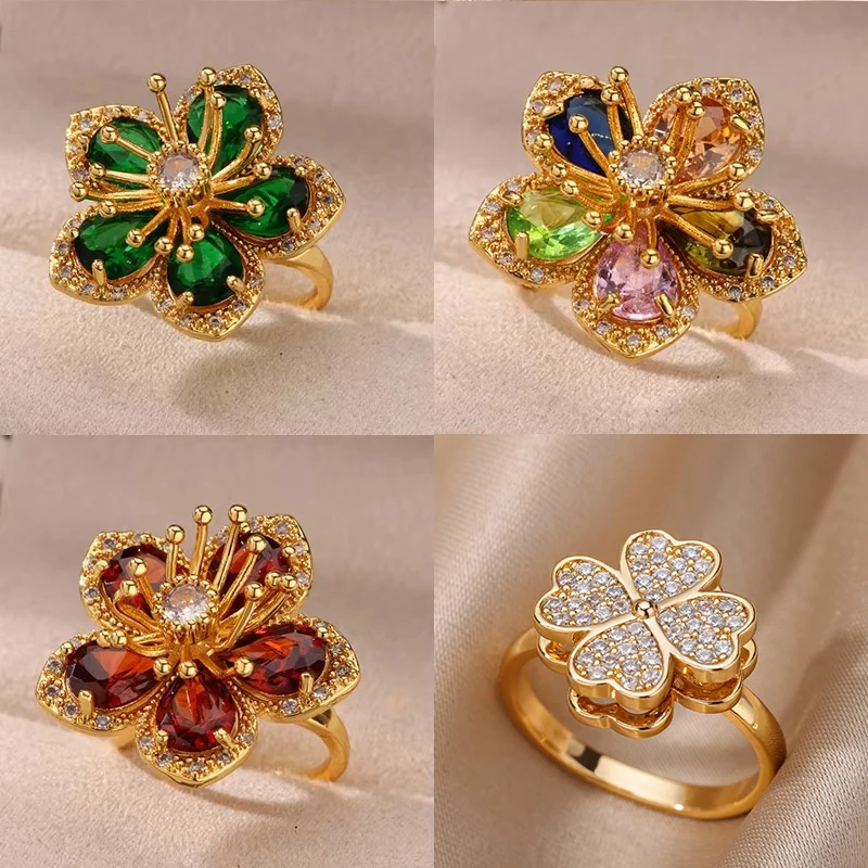Grüne Zirkon Blume Ringe Für Frauen Gold Farbe Edelstahl Blume Floral Ring Elegante Luxus Hochzeit Ästhetischen Schmuck Geschenk