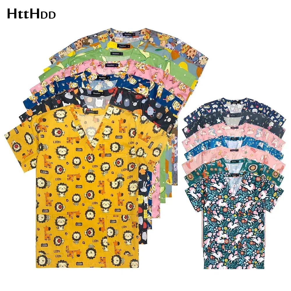 Medical Scrubs Hospital Nurse Uniforms Women Medical Print Scrub Top Cotton Dental Clinic Work Clothes Mens Scrubs Short Sleeved Jacket
