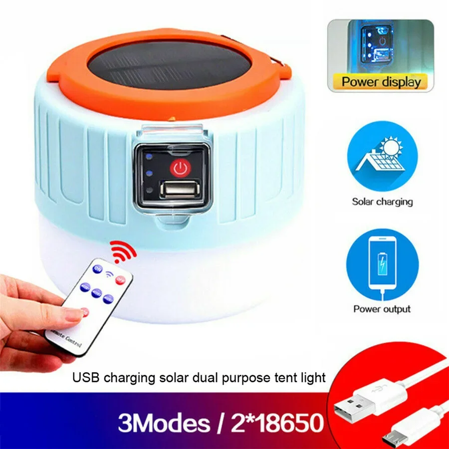 Portable LED Solar Light Outdoor Waterproof Tent Lamp USB Rechargeable 3 Mode Emergency Light Bulb Flashlight Camping