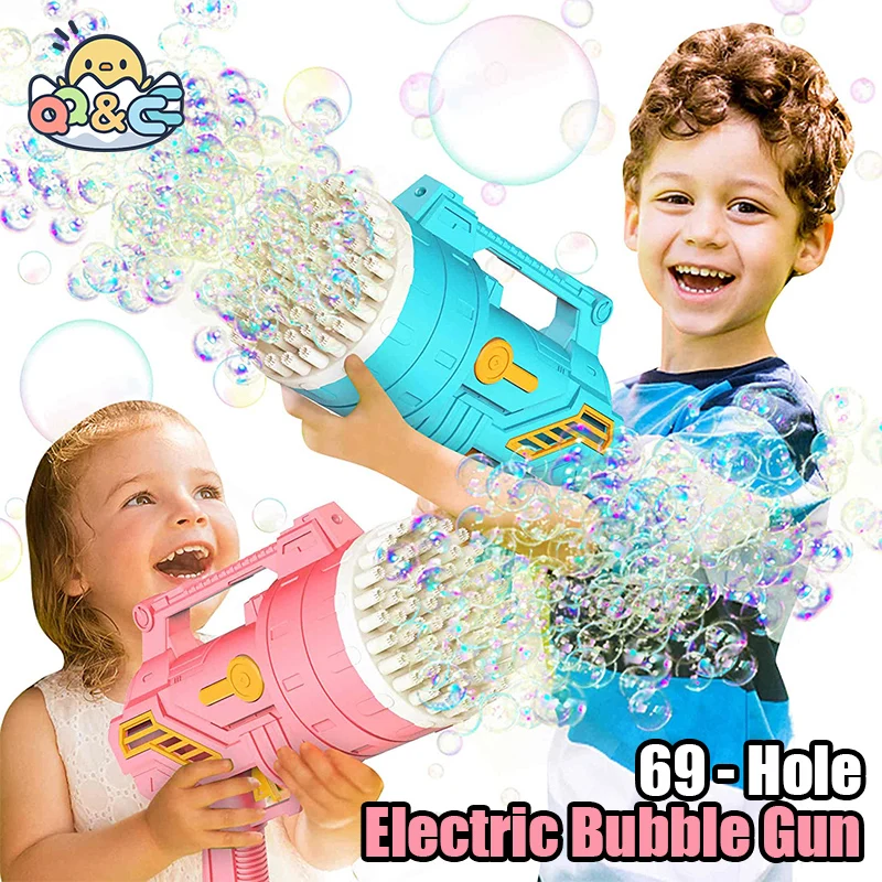 

Bubble Gun 69 HolesAutomatic Blower Maker Big Soap Bubble Machine with Light Pomperos Summer Outdoor Toys for Kids Birthday Gift