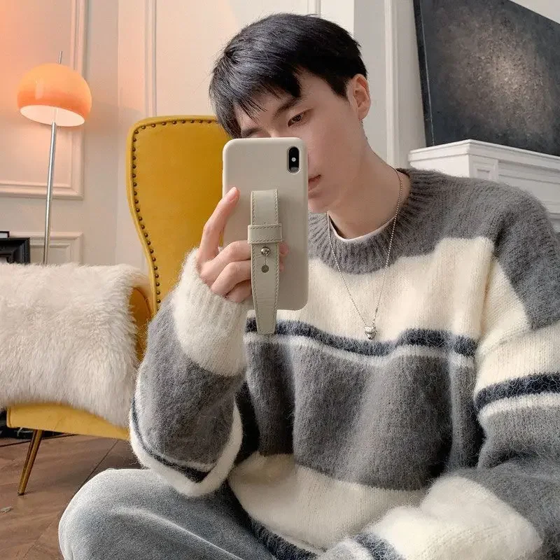 Korean style sweater men's trendy round neck ins loose autumn and winter handsome trendy brand striped niche sweater jackets y2k
