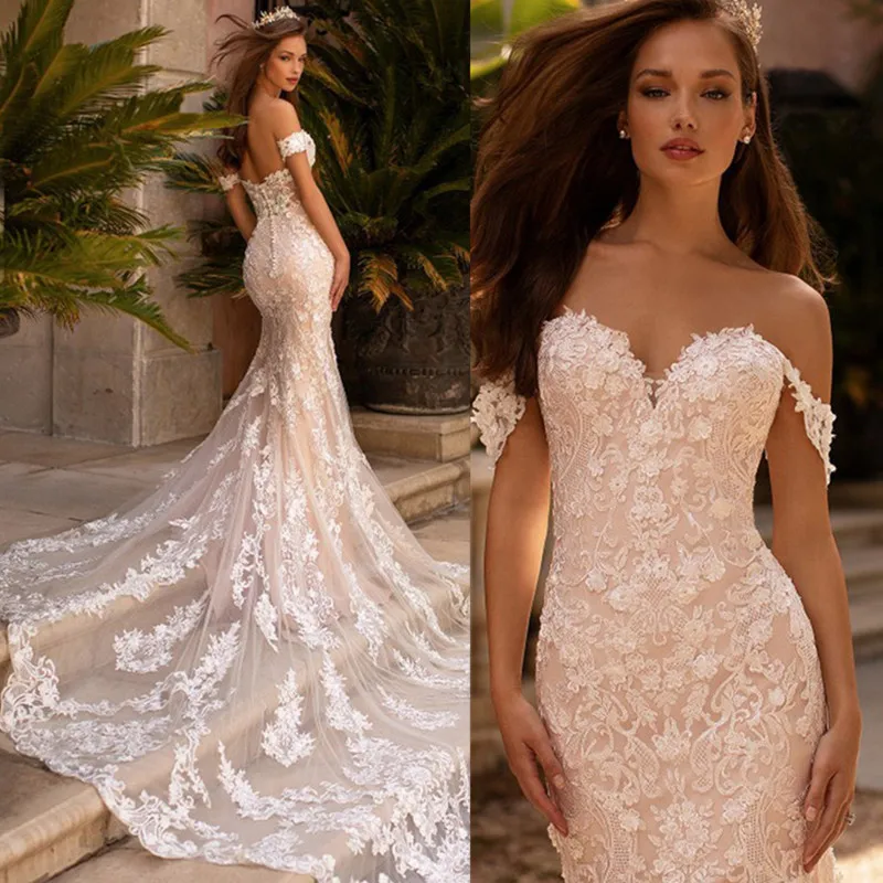 

Sexy Mermaid Lace Wedding Dresses Sweetheart Off The Shoulder Bride Gowns With Train Backless Button Robe De Mariée