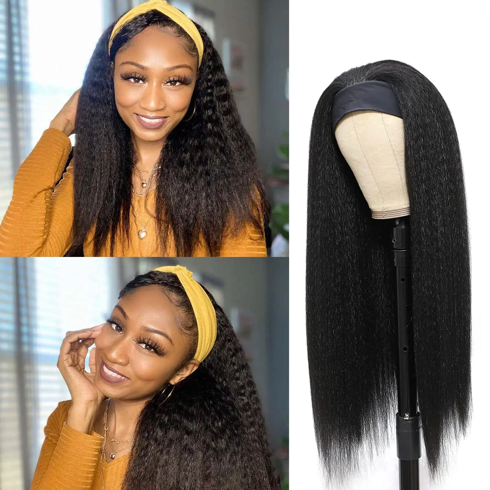 Kinky Straight Headband Wigs Human Hair Glueless Headband Wigs for Black Women None Lace Front Human Hair Wig 150% Density