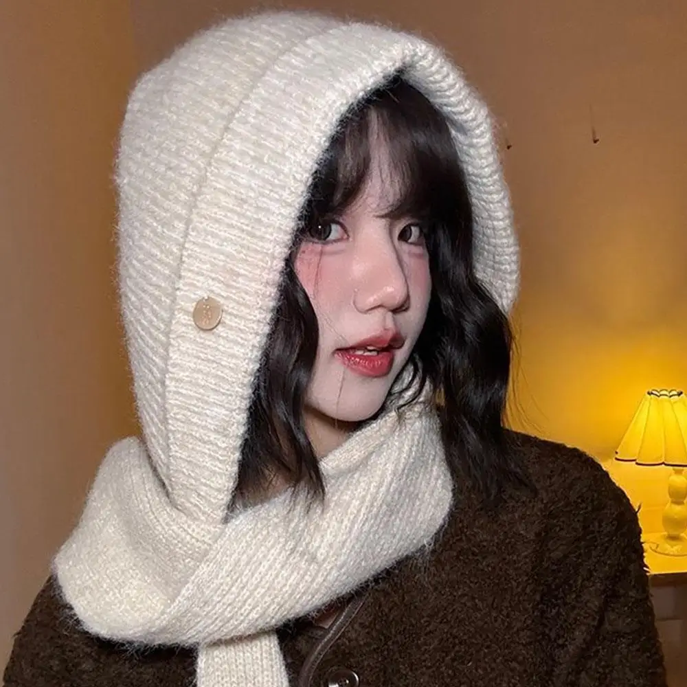 New Winter Women Knitted Balaclava Hat One-Piece Thickened Scarf Cap Outdoor Warm Neck Protection Hooded Caps Winter Accessories