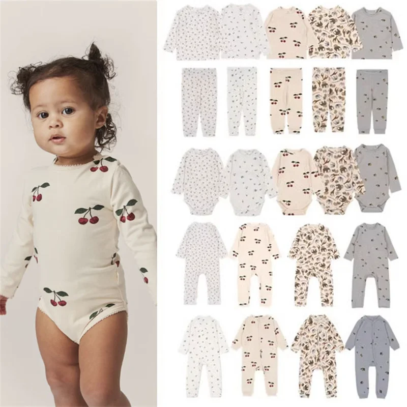 

EnkeliBB 2023 AW KS Baby LOng Sleeve Romper With Cute Cherry Pattern Floral Pattern Infant Girl Cotton One-piece Clothes Brand