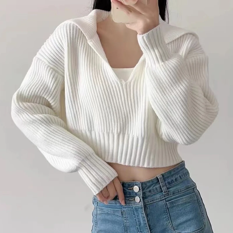 

Autumn Long Sleeve Knitted Sweater Fashion Women Pullover Short Sweaters 2023 Korean V-neck Casual Loose Tops Lapel Jumper 29497