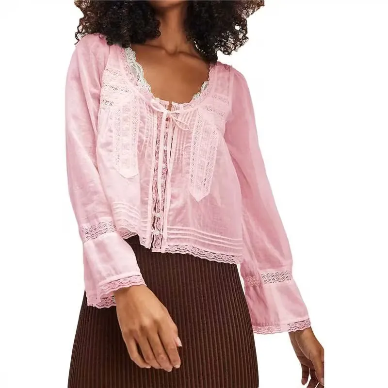Baumwolle Spitze Blusen Shirts für Frauen Vintage Free Style Bluse Flare Langarm Boho Strand Hippie Leichtes Damen Top Sommer – Detail 10