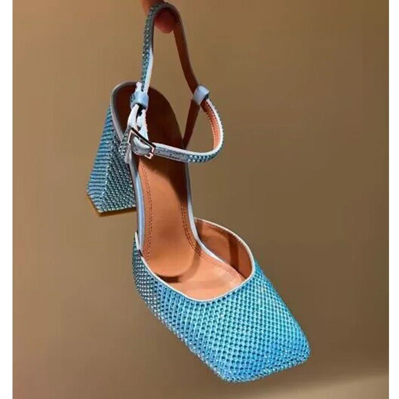 Rhinestones Square Toe Slingback Thick Heel Sandals Woman Summer Diamonds One-Strap Hollow High Heels