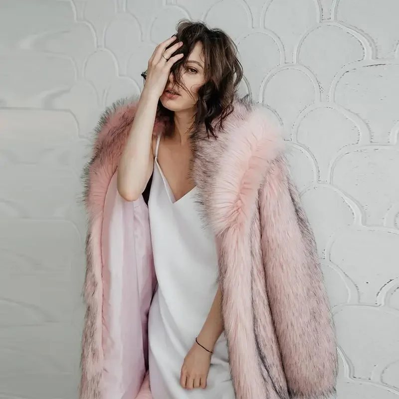 Winter Faux Fur Long Coat For Women Fashion Full Sleeve Fur Collar Oversize Female Jacket New Elegant Thick Warm Outwear