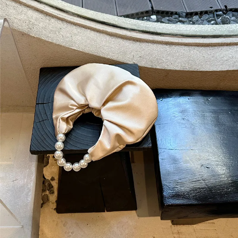 French Design Pleated Satin pearl Bag Women's Sweet Cloud Handbag Ladies Soft Wedding Evening Bags Prom Hot Pink Bags