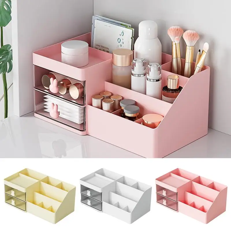 

Desk Organizer Pen Holder Double Layer Storage Box with Rabbit Handle Desktop Layered Organiser Desktop Organizer Makeup