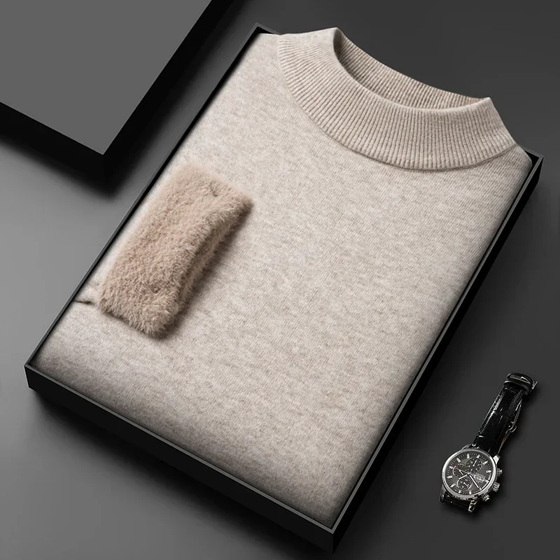 thumbnail image 1 of Suéter de hombre de una pieza de terciopelo de cuello medio alto Otoño e Invierno Camisa de manga larga de punto puro engrosada, 1 of 5