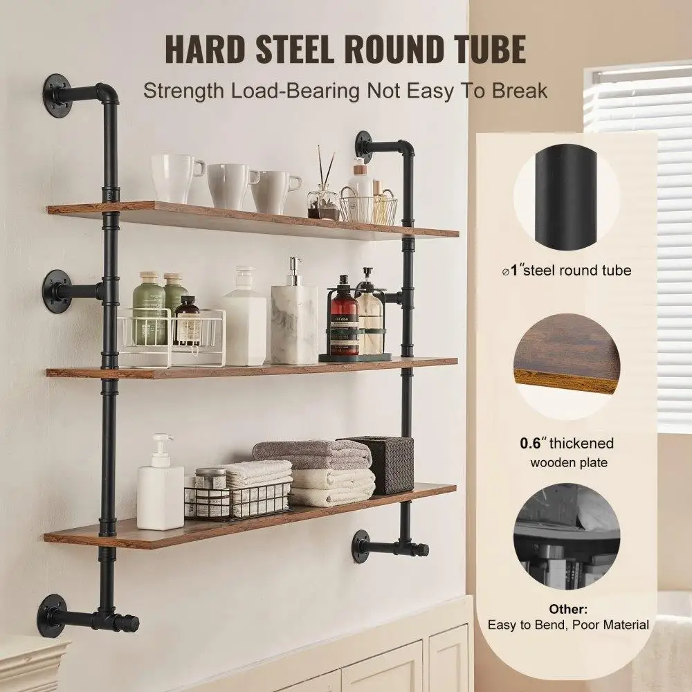 Rustic Pipe Shelving 3 Tier 48 by 9.84 inches Wall Mount for kitchen and Bedroom Storage 3