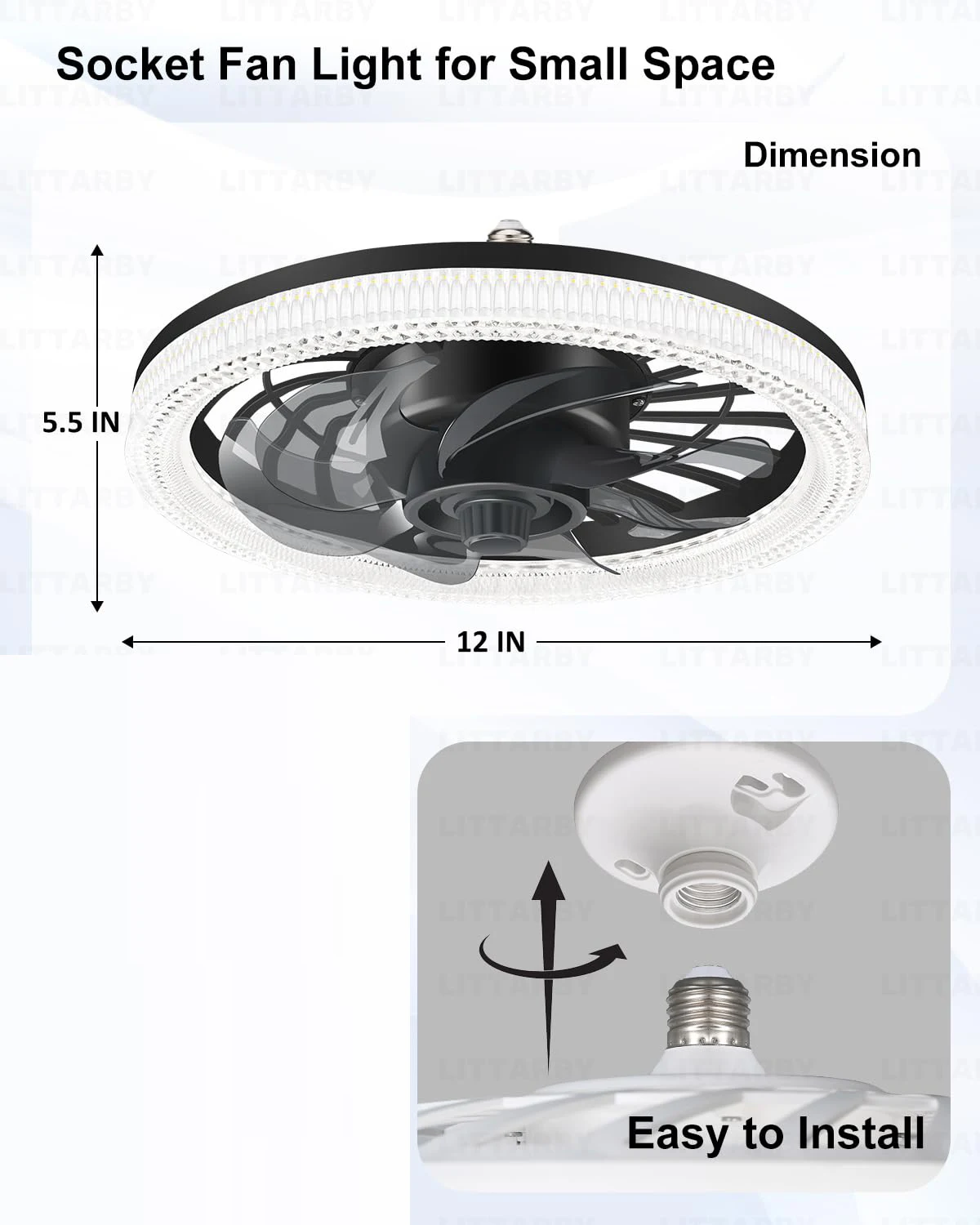 Socket fan light with remote control, adjustable brightness 3000-6500K, Ceiling fan light for bedroom, living room, kitchen