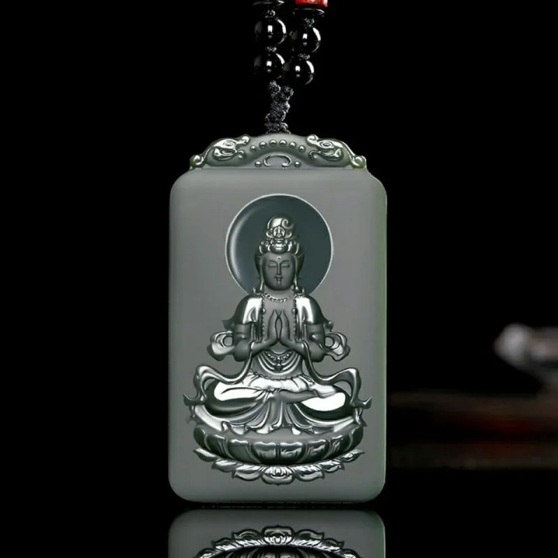 

Hetian on the Lotus Throne Lucky Guanyin Gray Jade Pendant Necklace Fine Material