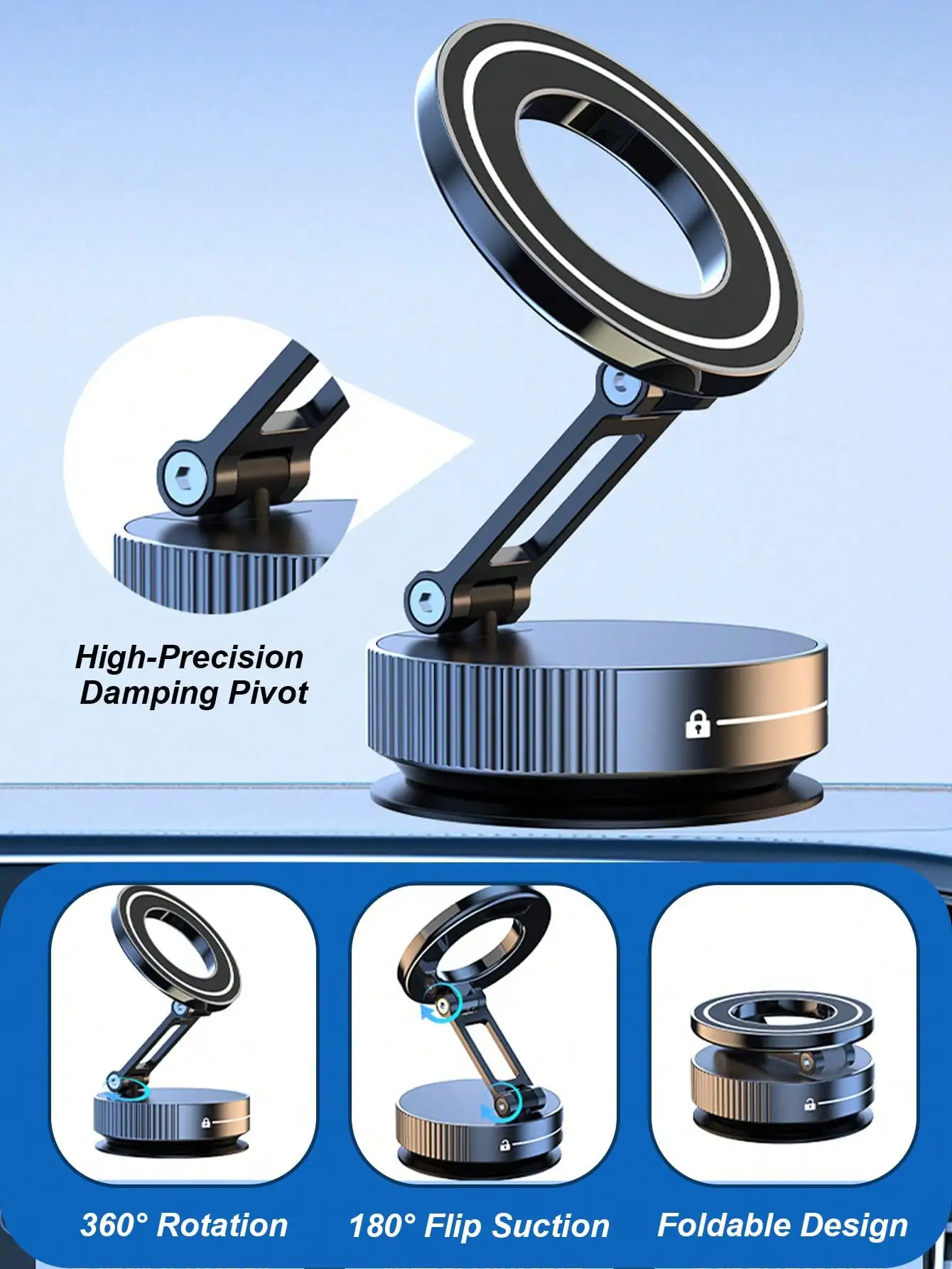 360° 3-Axis Foldable Magnetic Car Phone Mount with Vacuum Suction Base