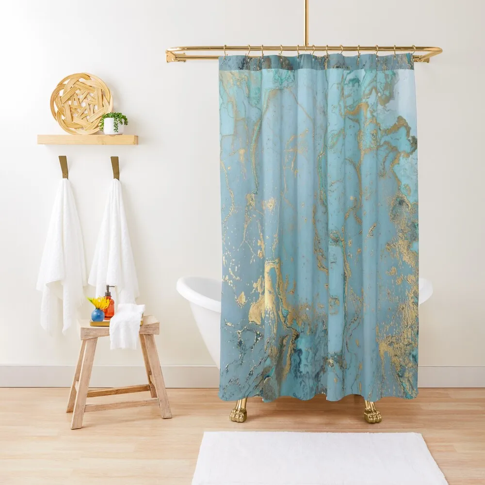 

Marble Design - Gold Effect - Turquoise Blue, Teal Marbling Shower Curtain Bathroom And Shower Curtains