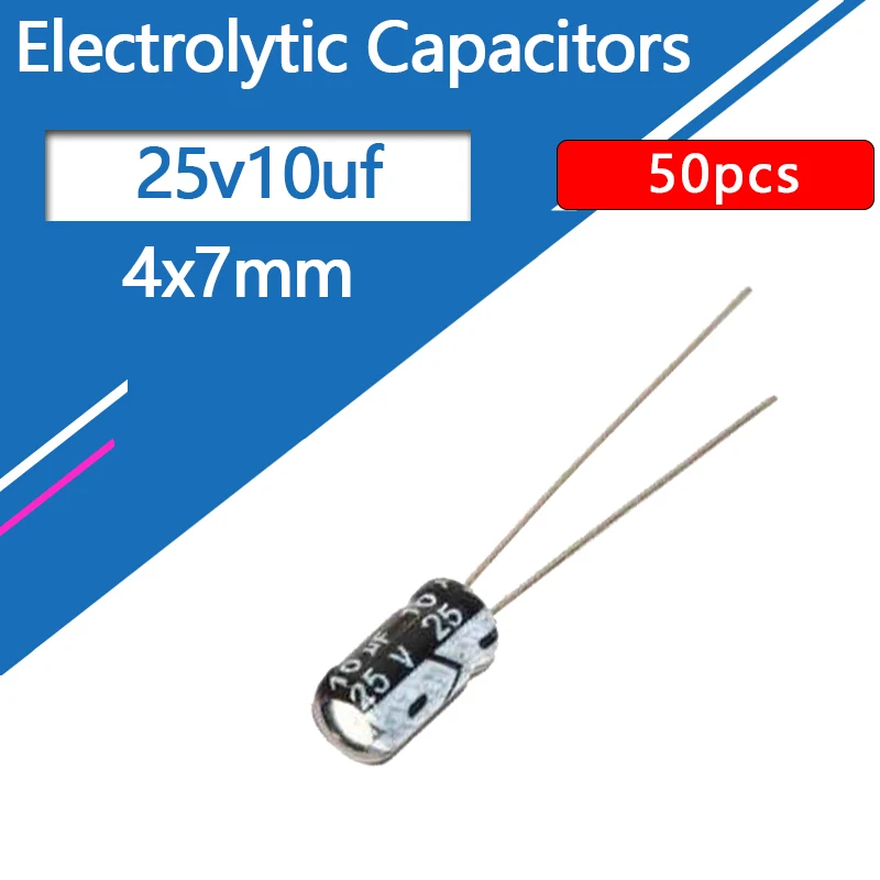 50pcs lot 10uf 25v 10mf 105c 4x7mm aluminum electrolytic capacitor 25v10uf radial lead 50pcs 25V10UF 4x7mm Aluminum Electrolytic Capacitors 10uf 25v 10uf25v 25v10mf 10mf25v 25v10MFD 25wv 25vdc  22uf 33uf 47uf 68uf