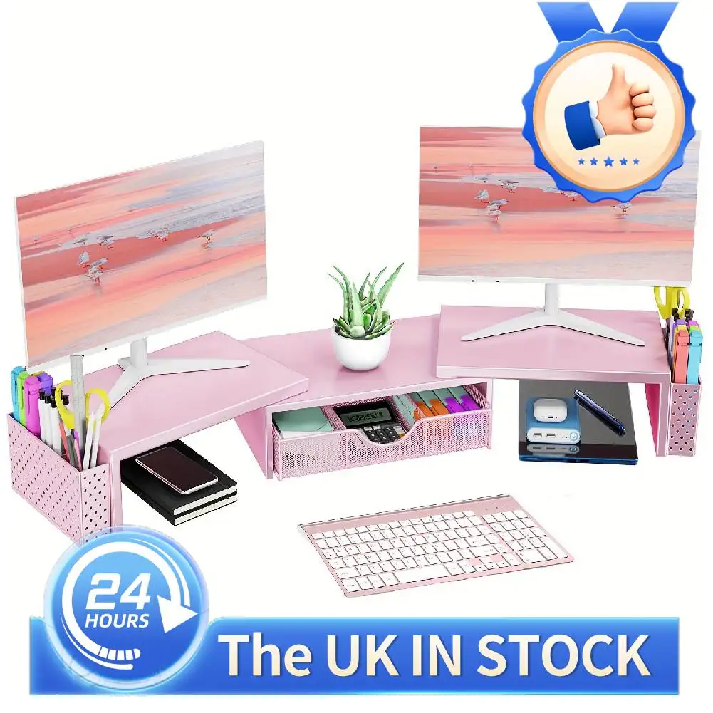 Dual PC Monitor Stand Riser Shelf W/Drawer & 2 Pen Holders Office Desktop Organizer Stand for Laptop PC Printer Office Supplies