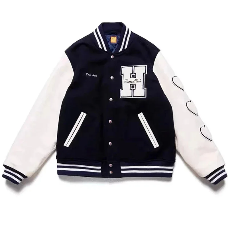 H Letter Baseball Varsity Jacket Men Oversize Women Coats Leather Sleeve Navy Blue Heart Flock Vintage Baggy Jaqueta Masculina flock of seagulls the story of a young heart expanded 1 cd