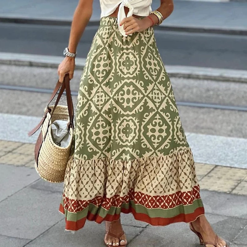 

Vintage Ethnic Style Printing Skirt Elastic Waist Patchwork Ruched A-line Women Clothes Fashion Elegant Beach Vacation Skirt