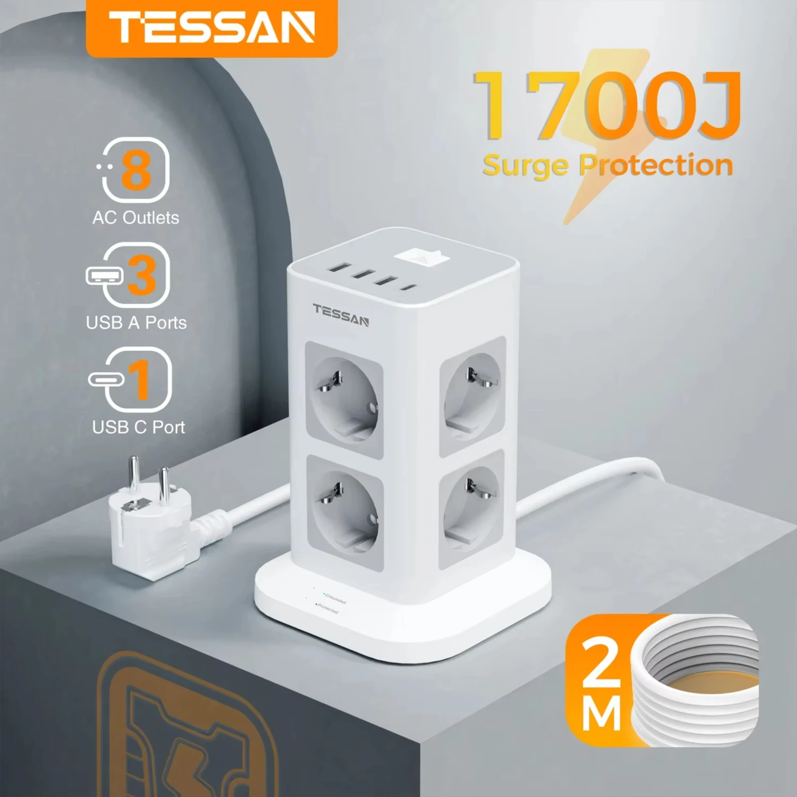 TESSAN 8-komorowe wielogniazdowe gniazdko z USB listwa C z EU za $18.47 / ~69zł