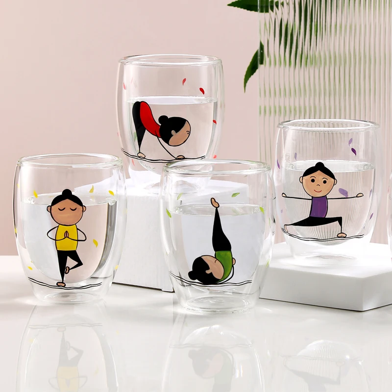

Bely Glass Simple Yoga Double-Layer Cup Cute Coffee Cup Water Cup Home Office Transparent Anti-Scald Insulation