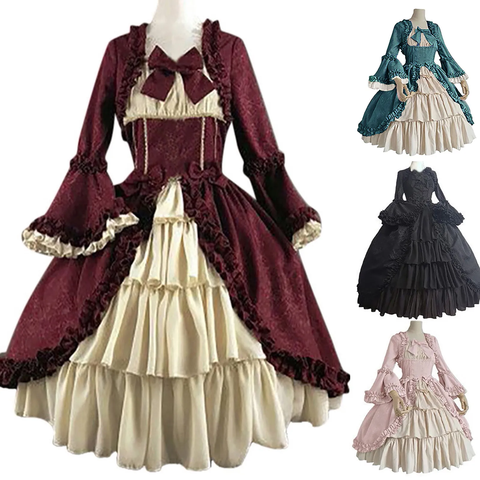 Sweet Lolita Dress Women Elegant Gothic Court Long Sleeve Square Collar Patchwork Bow Princess Dresses Girly Kawaii Vestidos