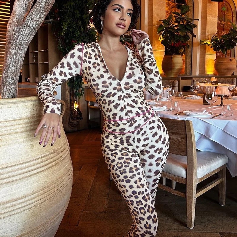 Fashion Printed 2 Piece-Set Women Hoodie Slim Cropped Top And High Waist Trousers Outfits Contrast Women's Pants Sets
