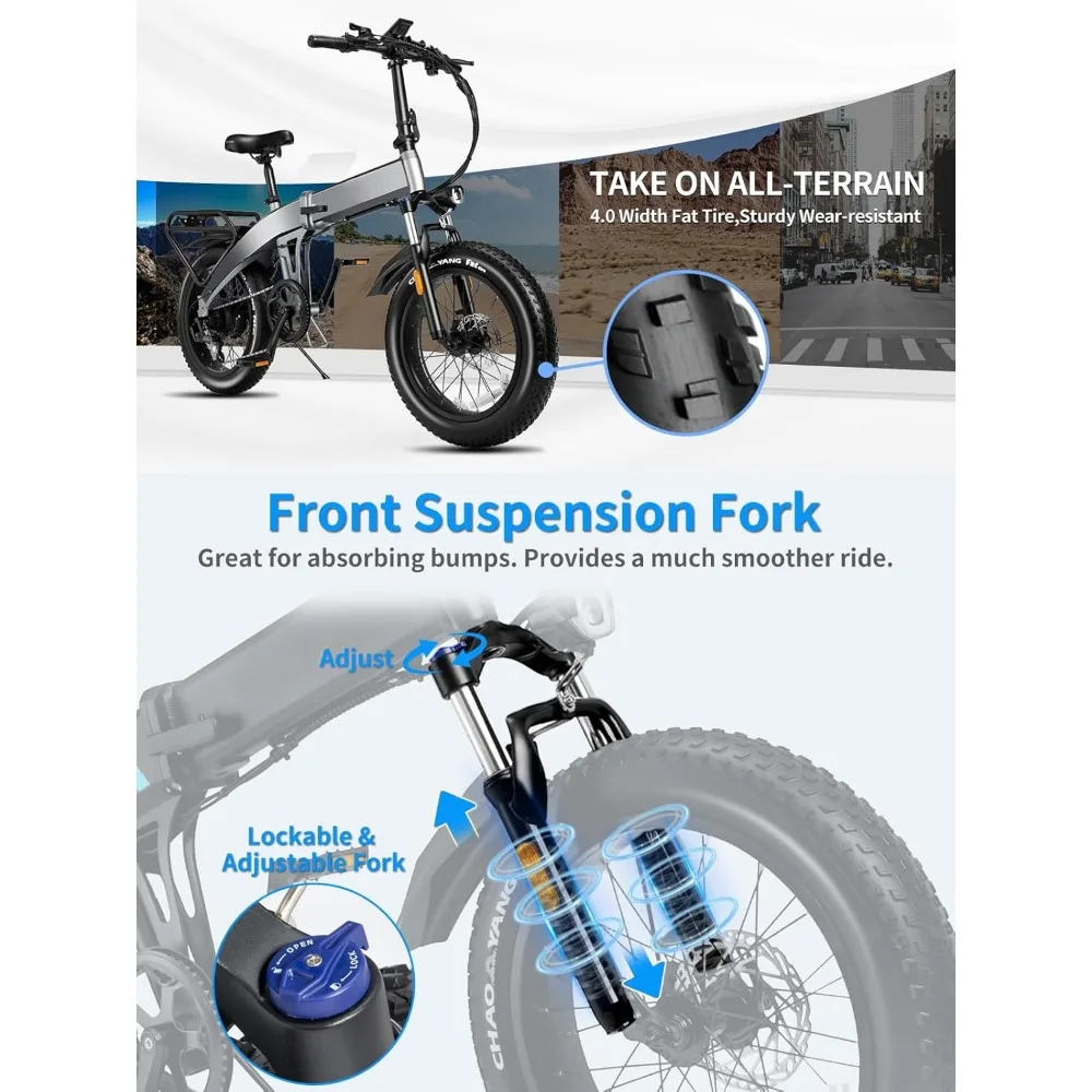 Adult Electric Bicycle, 1200/1400W Peak, 30/28MPH 60 Miles, 720WH Battery 20x 4.0 Fat Tires, Foldable, with APP/anti-theft Alarm 5