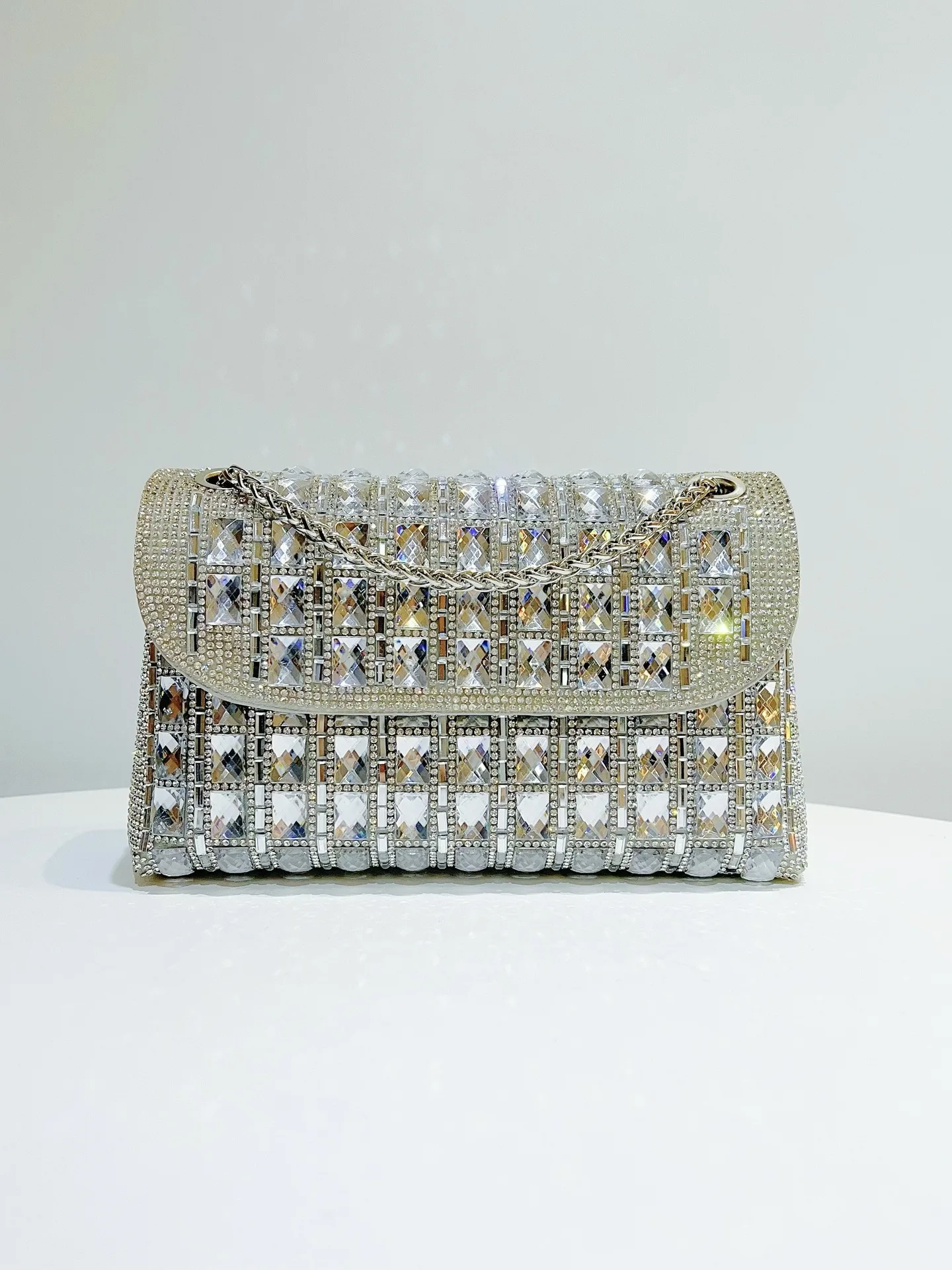 Volle Strass Damen Kette Tasche Abendkleid Silber Umhängetasche Schulter Handtasche Diamant Handy Taschen Party Clutch Geldbörse – Detail 24