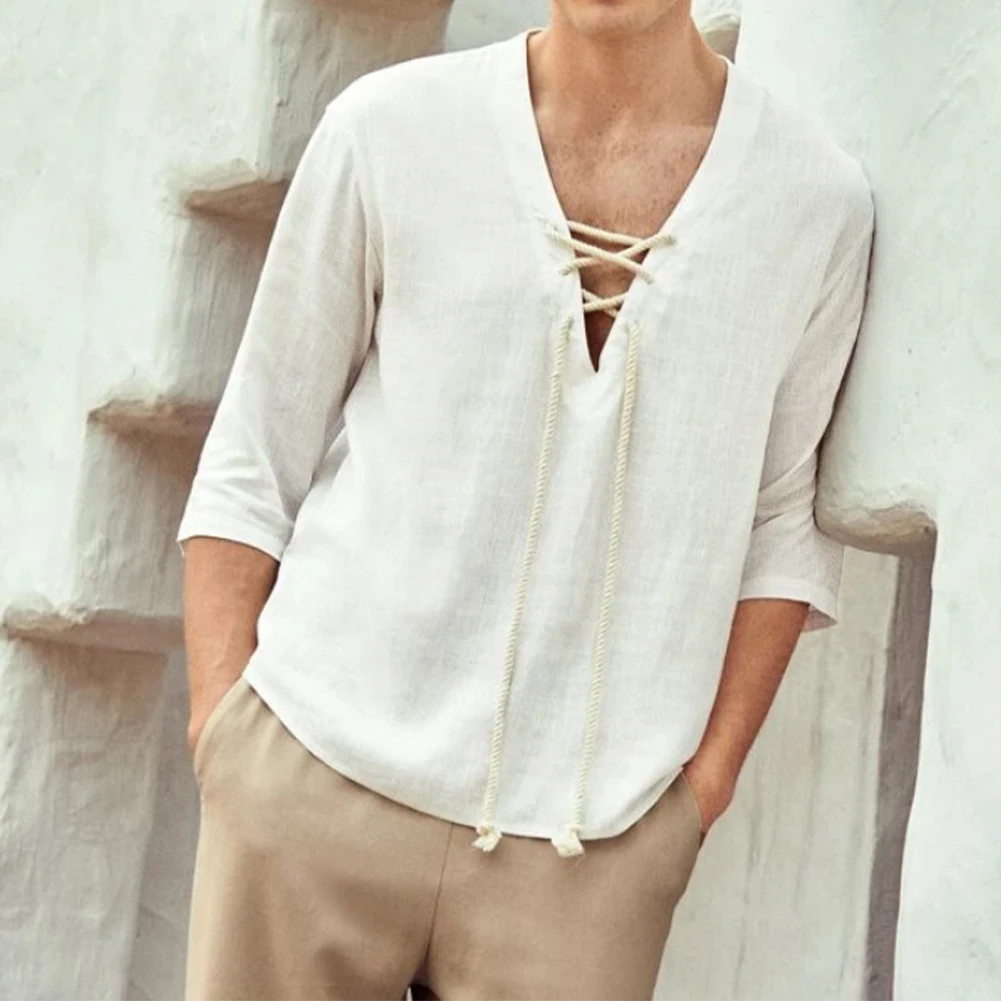 

Mens Long Sleeve Retro Medieval Pirate Shirt Bandage Lace Up Casual Beach Tops