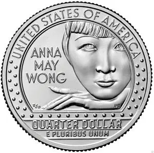 

D Version Anna May Wong Women's Series 5th Pieces US 2022 25 Cents Chinese Actor Commemorative Coin UNC