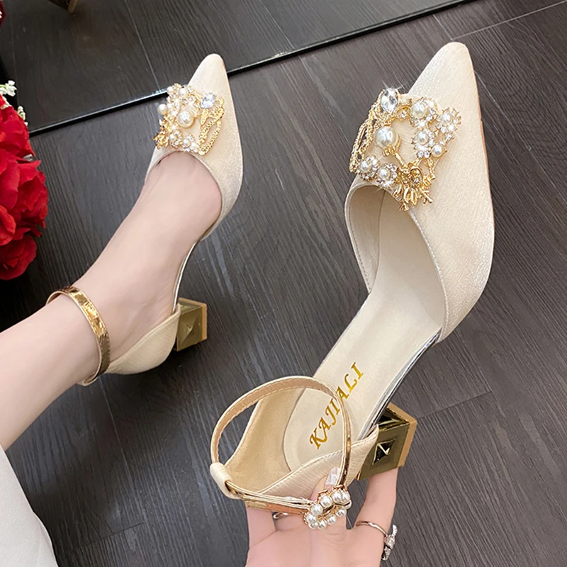 Elegant Pearl Buckle Square Heels Wedding Party Shoes