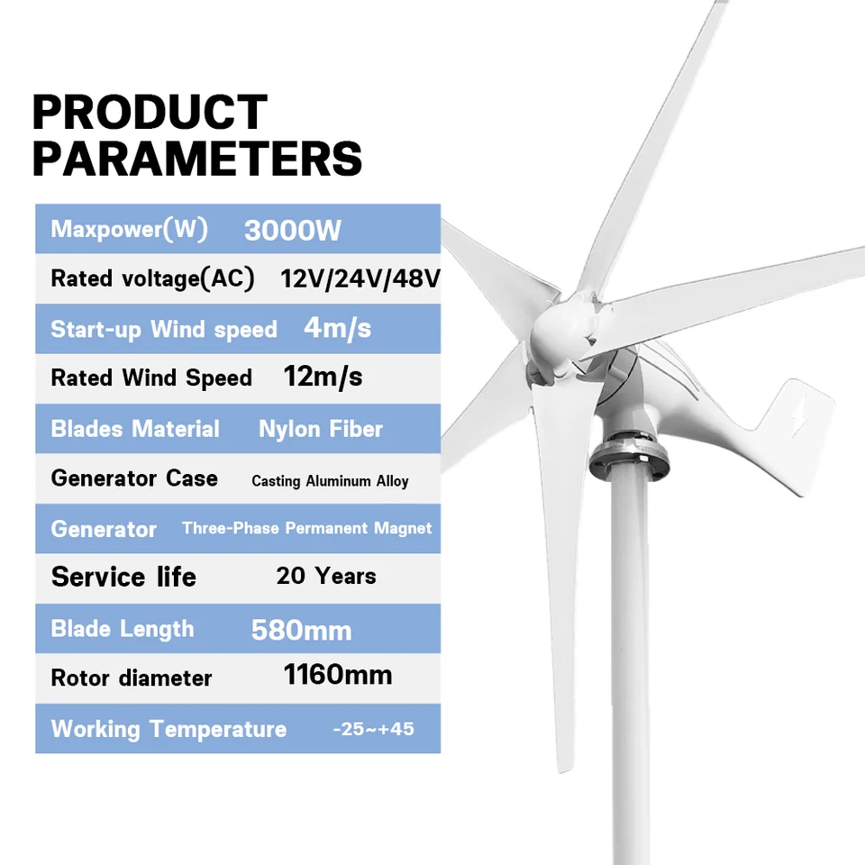 Éolienne Verticale 3000W 12V/24V/48V - Kit Générateur à Lévitation Magnétique 3 Pales - Pour Maison, Jardin, Hybride Solaire