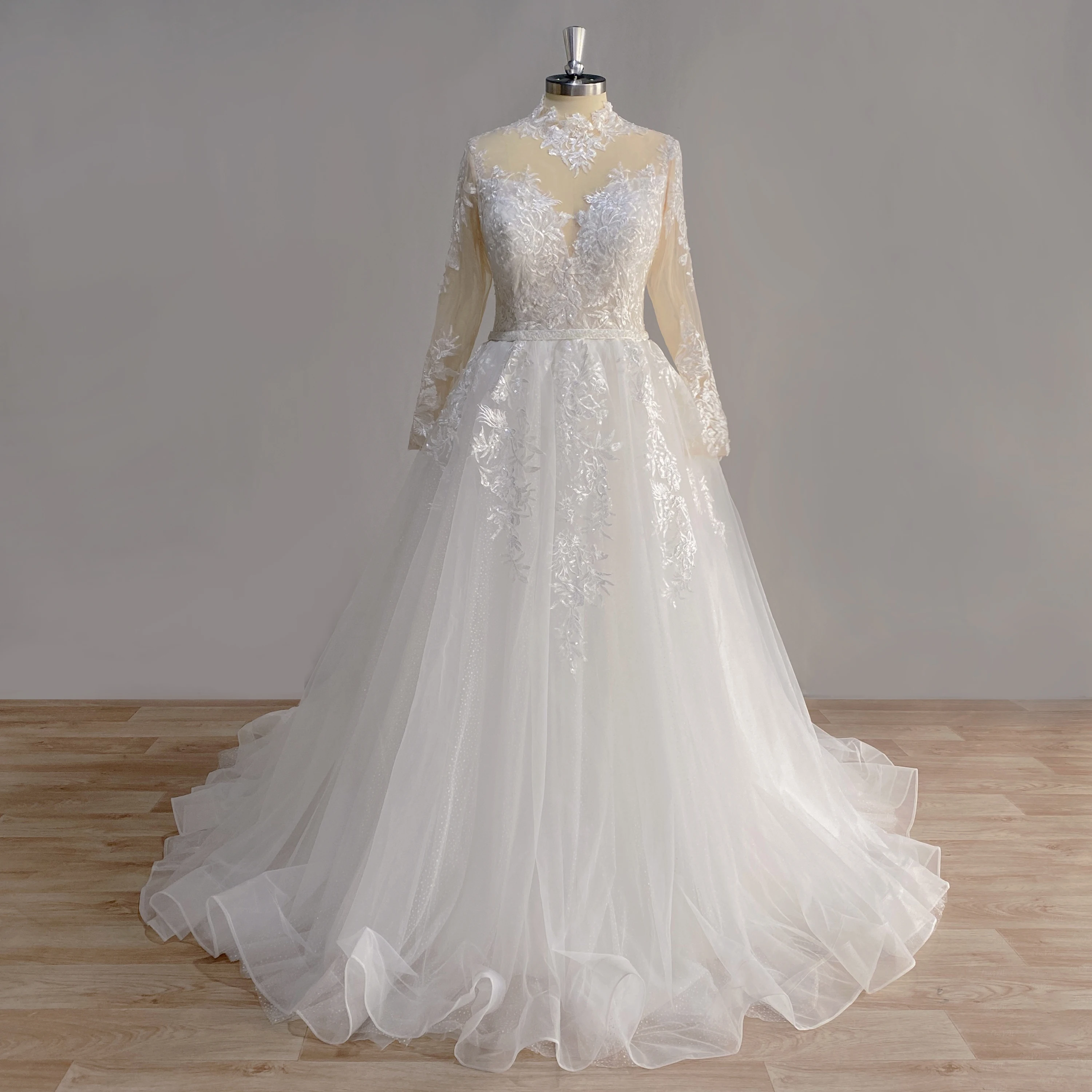 

DIDEYTTAWL Real Photos Long Sleeves Wedding Dress 2023 High Neck A-Line Lace Appliques Sparkly Tulle Bridal Gown Court Train