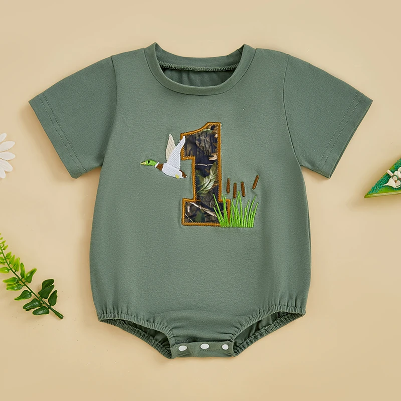 Baby Summer Clothing Newborn Infant Baby Boys First Birthday Romper Short Sleeve Duck Number Embroidery Jumpsuit Outfits