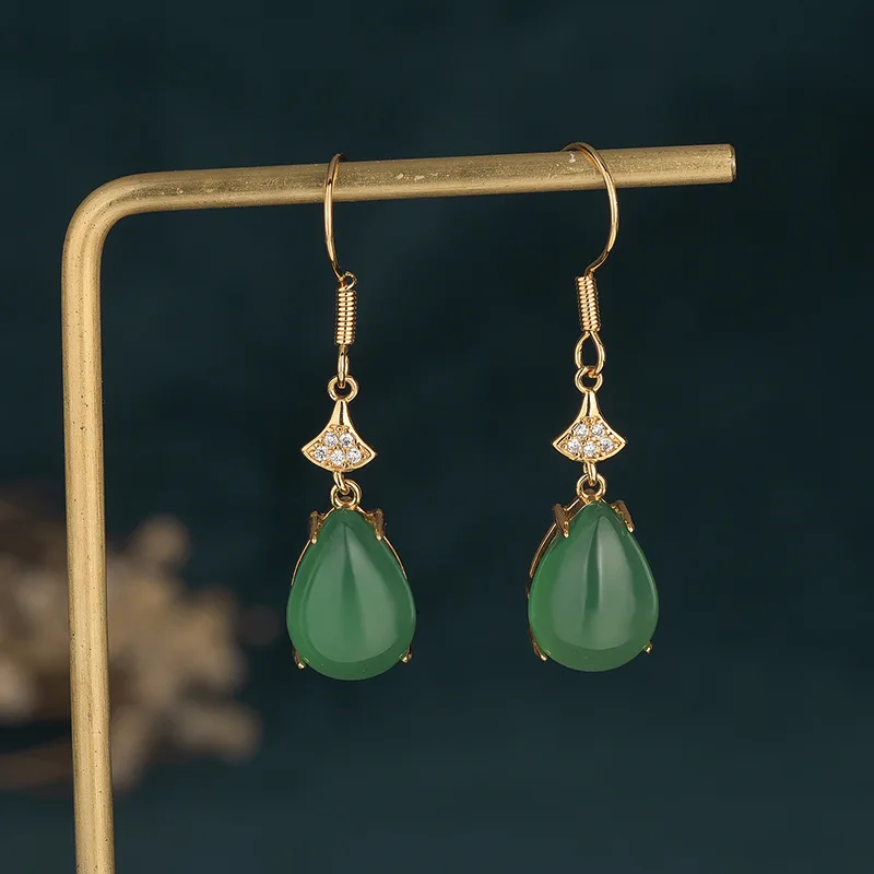 

Vintage Chinese Style Women Jewelry Gold Copper Alloy Hook Earrings Green Water Drop Shaped Jade White Zircon Earrings for Women