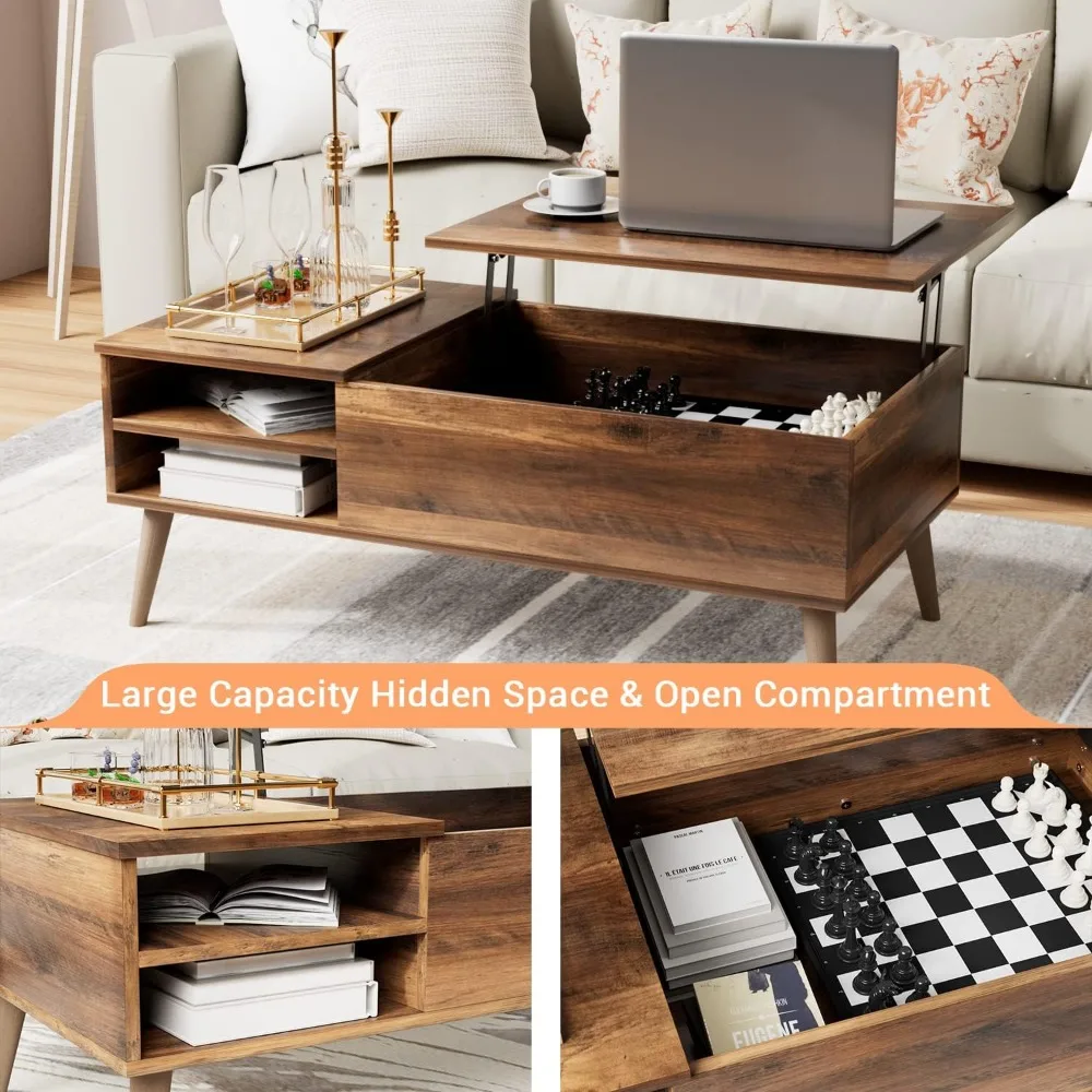 Wood Lift Top Coffee Table with Hidden Compartment, Storage Shelf and Metal Frame, Café Tables 5